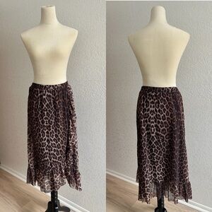 ICHI Leopard Print Drape Wrap Front Ruffle Hem Midi Skirt
